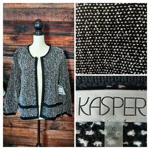 NWT Kasper XL Cardigan Sweater Jacket Blazer Knit Black Vanilla Ice Fringe